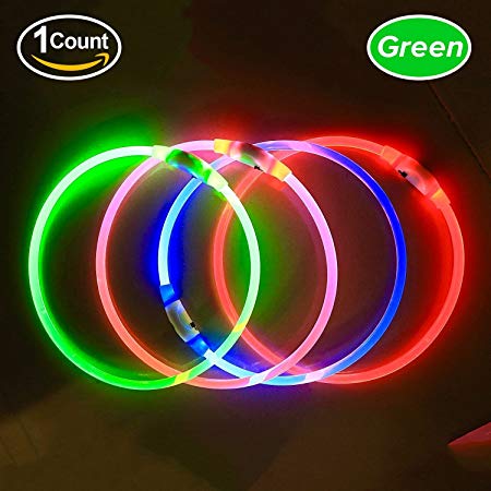 LED Dog Collar, USB Rechargeable, glowing pet dog collar for night safety, fashion light up tube flashing tube collar for small medium large dogs (green)