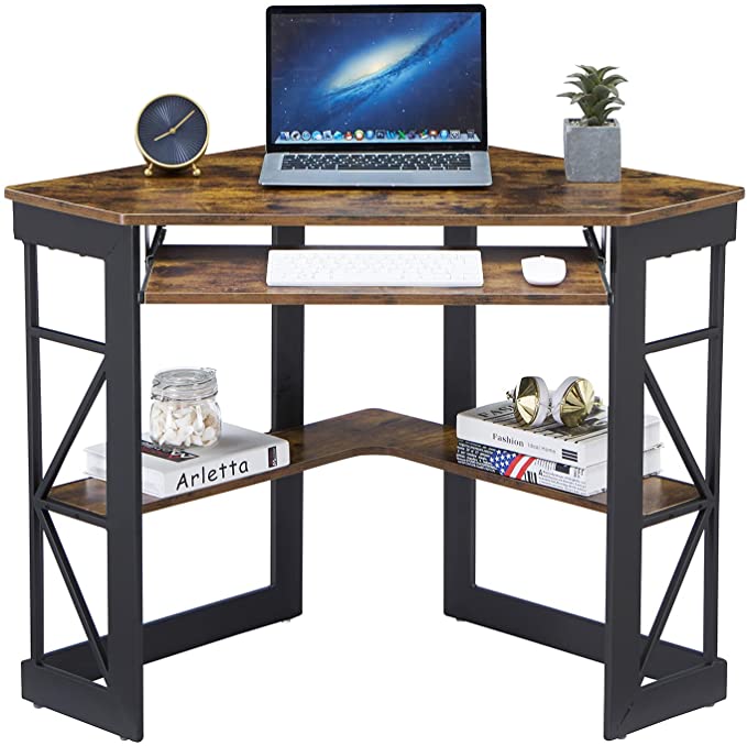 VECELO Corner Work/Writing, Compact Home Office Desk,with Smooth Keyboard Tray & Storage Shelves, Antique Brown