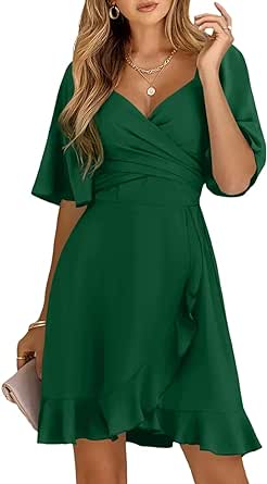 Dokotoo Women's Wrap V Neck Short Flared Sleeve Wedding Guest Dress Smocked Elastic Waist Tiered Belted Ruffle Hem Mini Dress