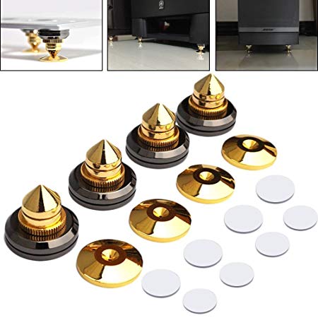 LAMPTOP Pack of 4pcs Speaker Spikes Speaker Stand CD Audio Amplfier Turntable Spike Isolation feet Solid Brass Cone Isolator with Brass Base Mat and Double-Sided Adhesive