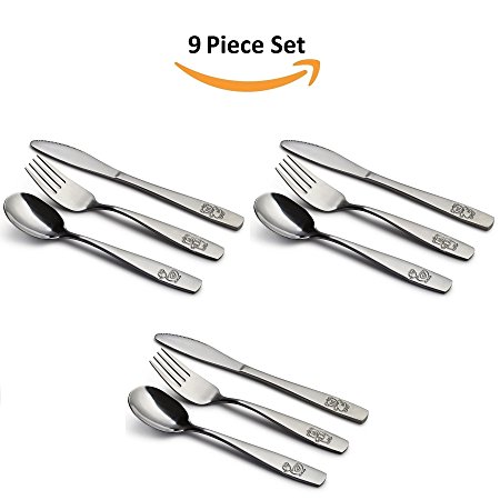 9 Piece Stainless Steel Kids Cutlery, Child and Toddler Safe Flatware, Kids Silverware, Kids Utensil Set Includes 3 Knives, 3 Forks, 3 Spoons, Total of 3 Place Settings, Ideal for Home and Preschools