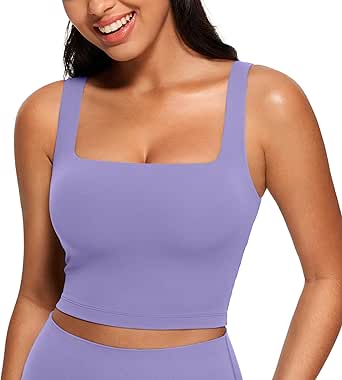 CRZ YOGA Butterluxe Womens Square Neck Longline Sports Bra - Workout Crop Tank Tops Padded with Built in Shelf Yoga Bra