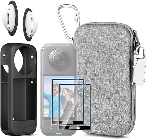 LEWOTE 7in1 Compatible with Insta360 X3 Accessories Kit[Silicone Camera Case][Lens Guards Cover][Screen Protector Film][Outdoor Carrying Case Bag with Auto Locking Carabiner and Anti-Loss Lock]