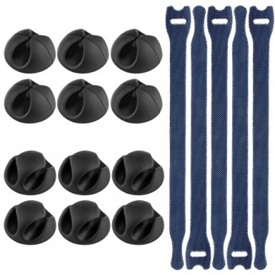 Vastar 12 Pack Desktop Cable Clips Holders Cord Management System, Black & 5 pack Reusable Cable Ties