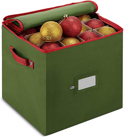 ZOBER Christmas Ornament Storage Box with Zippered Closure - Protect & Keeps Safe Up to 64 Holiday Ornaments & Xmas Decorations Accessories, Durable Non-Woven Ornament Storage Container & Two Handles