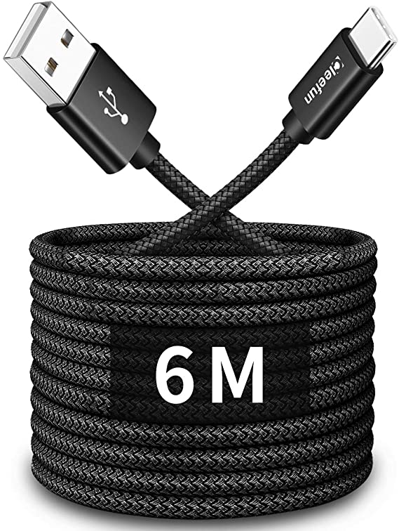 CLEEFUN 6m/20ft Extra Long USB C Cable, Durable Nylon Braided USB A to Type C Fast Charging Charger Cable Compatible With Samsung Galaxy Note, Moto, Sony, LG, Xiaomi and More USB C Smartphone, Tablet