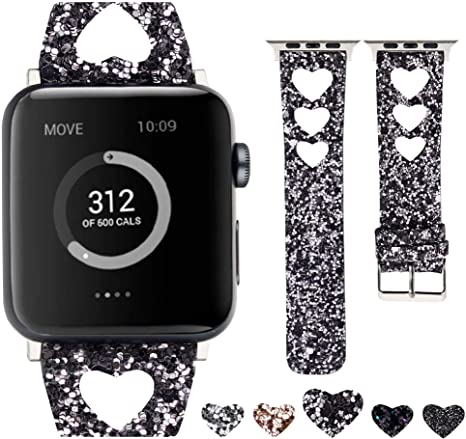 Moonooda Glitter Watch Bands for Women Compatible with Apple Watch Bands 38mm 40mm 42mm 44mm iWatch Series 6 5 SE 4 3 2 1 Bracelet, Sparkle Bling Shiny Strap Replacement Smartwatch Wristband
