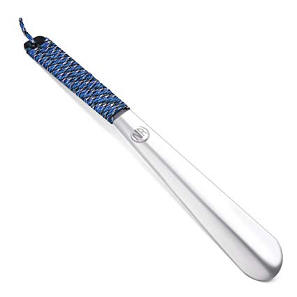 Long Metal Shoe horn-15" Extra Long Handled Shoehorn with Paracord Strap for Boots & Shoes-Stainless Steel & Lifetime Warranty (Blue Camo)