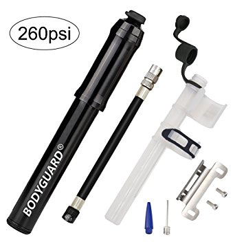 Bodyguard Mini Bike Pump - Reliable Hand Air Pump, Presta and Schrader Valve Compatible with Road, Mountain and BMX Bicycle Tires, High Pressure 260 Psi, 7.3 inches (Black)