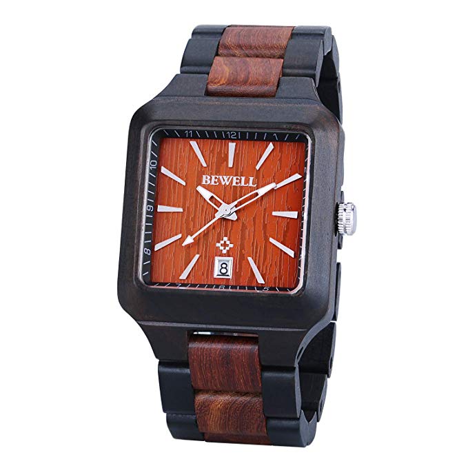 Bewell Business Adjustable Wooden Watches Luminous Square Quartz Wristwatch for Men
