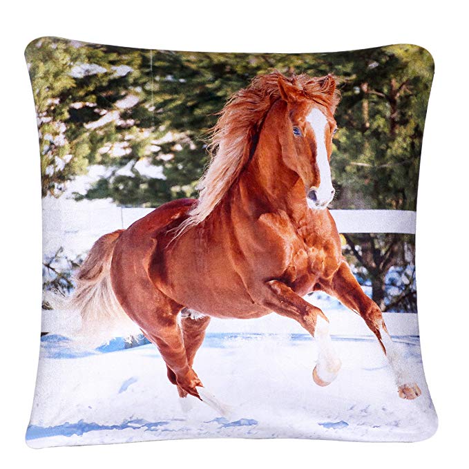 Luxury Digital Printed Plush Velvet 3D Animal Themed Square Cushion Covers (18" x 18") Cute (Plush Velvet Horse 1)