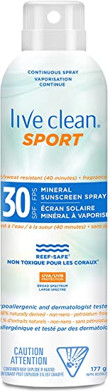 Live Clean Sport Mineral Sunscreen Spray, SPF 30, 177 g