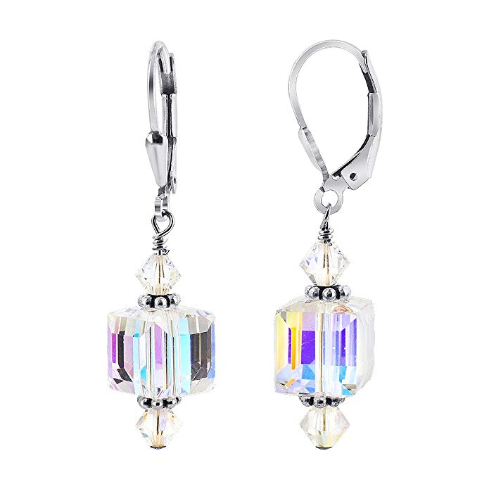925 Sterling Silver Leverback Drop Earrings Handmade with Clear Made with Swarovski Crystals