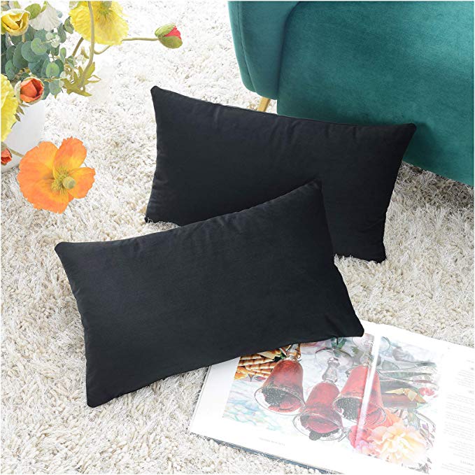 COMFORTLAND 12 x 20 Lumbar Pillow Cases Pack of 2 Solid Soft Velvet Decorative Oblong Throw Pillow Covers Set Rectangular Cushion Covers for Farmhouse Indoor Bedroom Sofa Couch Bed Kids,Black