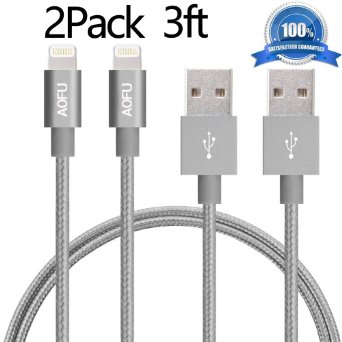AOFU iPhone Cable,2Pack 3ft Nylon Braided Lightning to USB Cable Charging Cord with Aluminum Heads for Apple iPhone 6/6 Plus/6s/6s Plus,iPhone 5 5c 5s,iPad 4 Mini Air(Gray)
