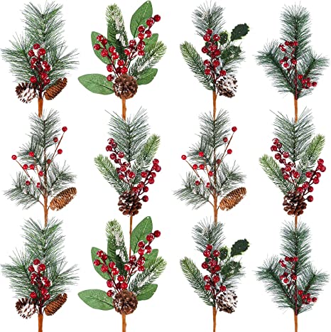 Tatuo Artificial Pine Tree Branches Christmas Pin Picks 13.8 Inches with Pine Cones Red Berry Flower Ornaments in 6 Styles for Xmas Wreaths Home Vase Decor (6)