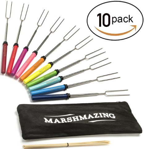 Marshmallow Roasting Sticks Set of 10 Telescoping Smores Skewers & Hot Dog Fork Stainless Steel Non Toxic Child Friendly BPA Free Camping Cookware For Kids and Adults FREE Canvas Pouch