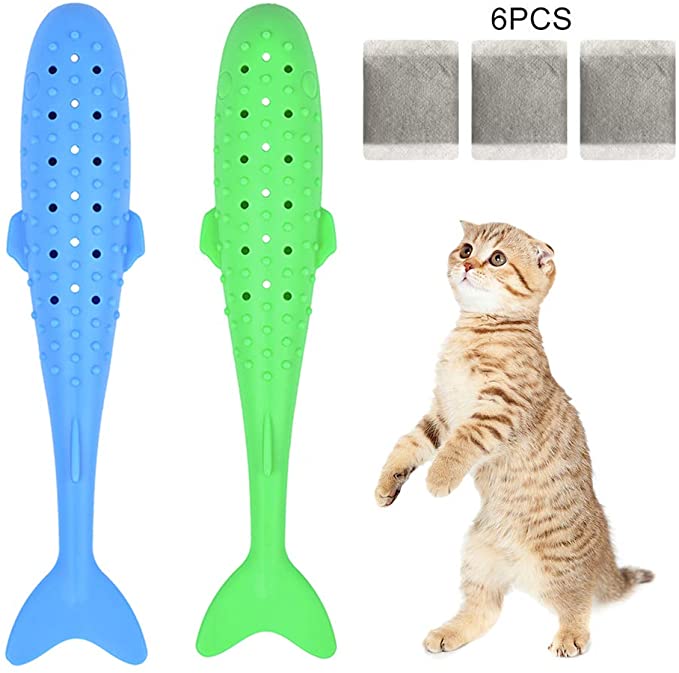 Mayerzon Cat Catnip Toys, Interactive Cat Toothbrush with Catnip Chew Toy for Kitten Kitty Cats Teeth Cleaning Dental Care (Fish Shape(2-Pack))