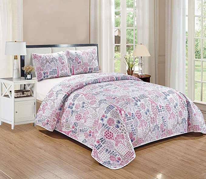 Better Home Style Multicolor White Pink Paris Eiffel Tower with Trees Bonjour Kids/Teens/Girls 2 Piece Coverlet Bedspread Quilt Set with Pillowcase # Paris Park (Twin)