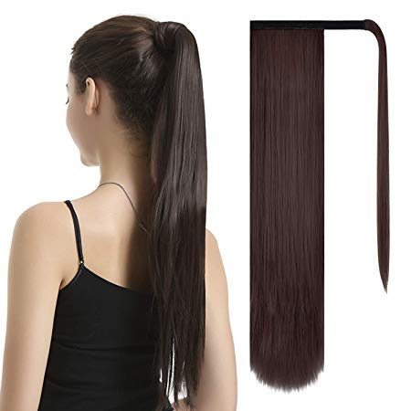 BARSDAR 26 inch Ponytail Extension Long Straight Wrap Around Clip in Synthetic Fiber Hair for Women - Darkest Brown mix Dark Auburn Evenly