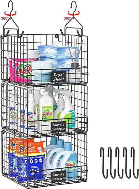 3 Tier Hanging Laundry Room Organizer Stackable Foldable Wall-mounted Metal Wire Shelf Basket With Rotating Hook & Nameplate for Dryer Sheet Laundry Detergent in Laundry Room Organizaton Storage