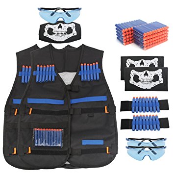 AMOSTING Kids Tactical Vest for Nerf N-Strike Elite Series Guns Toy with Refill Darts, Protective Glasses, Skull Mask, Wrist Band – 2 Sets