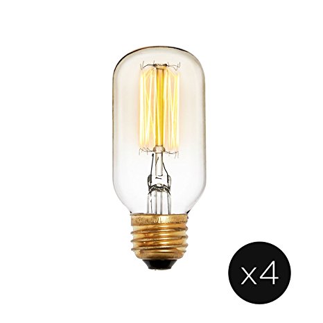 4 T14 Vintage Williamsburg Bulbs, Warm White, Dimmable, Squirrel Cage Filament, 40W (E26)