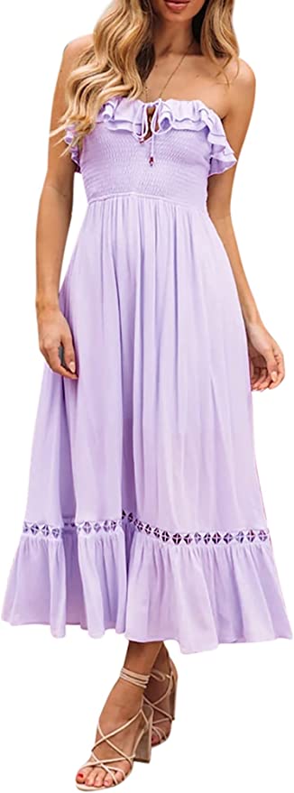 R.Vivimos Womens Summer Cotton Spaghetti Straps V-Neck Ruffle Casual Boho Midi Flowy Dress