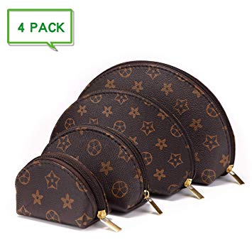Luxury Checkered Make Up Bag Shell Shape Cosmetic Toiletry Travel Bags including 4 Size Bag (Brown Flower)