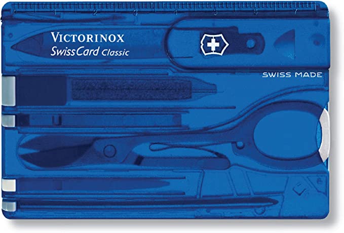 Victorinox Swiss Card, Swiss Made Pocket Tool, Credit Card Size, 10 Functions, Pen, Scissors, Blue Transparent