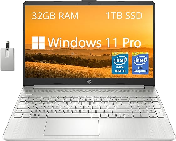 HP 15.6" FHD Business Laptop, Intel Core i3-1215U, 32GB DDR4 RAM, 1TB PCIe SSD, Intel UHD Graphics, Numpad, HD Webcam, Fingerprint Reader, Natural Silver, Win 11 Pro, 32GB Hotface USB Card