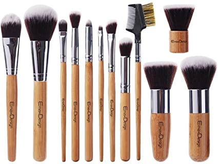 EmaxDesign 12 Pieces Makeup Brush Set Professional Bamboo Handle Premium Synthetic Kabuki Foundation Blending Blush Concealer Eye Face Liquid Powder Cream Cosmetics Brushes Kit With Bag
