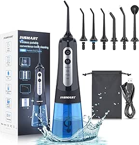 INSMART Water Flosser Cordless Dental Pick for Teeth Clean, Professional Oral Irrigator DIY 4 Modes IPX7 Waterproof 300ML Tank USB Rechargeable, Irrigate Jet for Plaque Removal Oral Gums Care