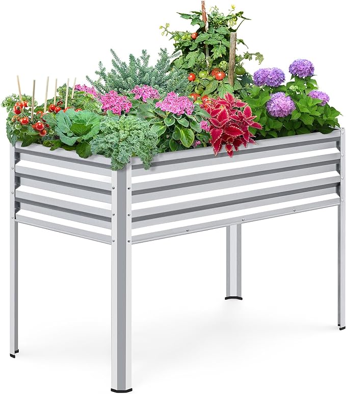 KING BIRD Large Raised Garden Bed with Legs Galvanized Elevated Planter Box 48×24×30 in for Backyard, Patio, Balcony, 400lb Capacity, Silver