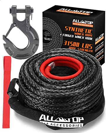 ALL-TOP Synthetic Winch Rope Cable Kit: 1/2" x 92 ft 31500LBS Winch Line with Protective Sleeve   Forged Winch Hook   Safety Pull Strap go for 4WD Off Road Vehicle Truck SUV Jeep ATV UTV