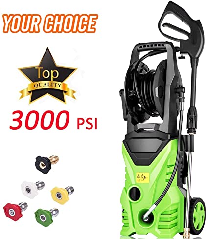 Homdox Electric High Pressure Washer 3000PSI 1.8GPM Power Pressure Washer Machine 1800W with Power Hose Gun Turbo Wand, 5 Interchangeable Nozzles and Rolling Wheels (Green)