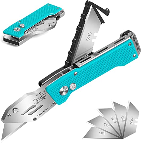 Folding Utility Knife Box Cutter Lockback Design Heavy Duty Steel with 5PCS Quick-change SK5 Blades for Box, Cartons, Camping, Hiking