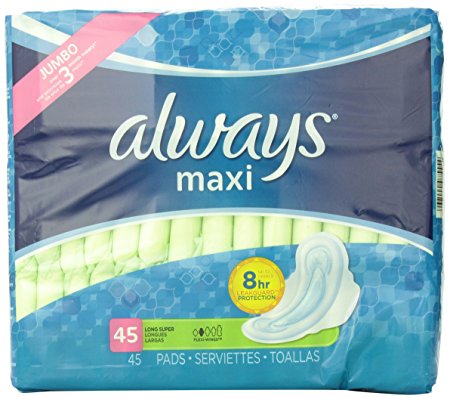 Always Maxi Unscented Pads with Wings, Long/Super, 45 Count