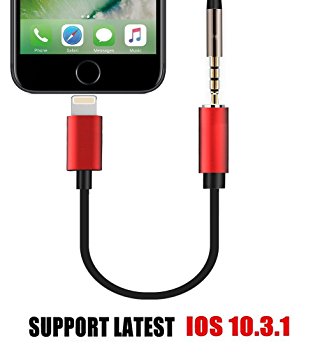 iPhone 7/7Plus Accessories Adapter.Lightning to 3.5 mm Headphone Jack Adapter.iPhone Converter, 3.5 mmAUX Female Audio Jack Earphone Extender Jack Stereo .iPhone 7.Support iOS 10.33&11(Red)