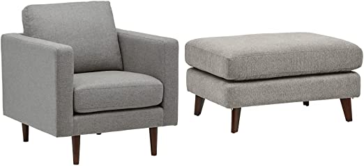 Amazon Brand – Rivet Revolve Modern Upholstered Armchair with Tapered Legs, 33" W, Grey Weave & Rivet Sloane Mid-Century Modern Ottoman, 31.9" W, Pebble Grey