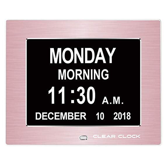 Clear Clock 2.0 Special Edition Metal Frame Extra Large Memory Loss Digital Day Clock Calendar with 12 Alarms Perfect for Seniors and Impaired Vision Dementia Clock (Rose Gold Metal Frame)