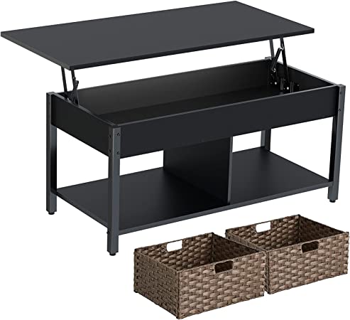 Rolanstar Coffee Table, Lift Top Coffee Table with Rattan Baskets and Hidden Compartment, Retro Central Table with Wooden Lift Tabletop and Metal Frame, for Living Room,Black