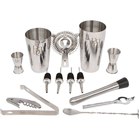 Bar Set 14 Piece Cocktail Drink Shaker Kit by Bar Brat / Perfect Barware Drink Martini Mixer For Any Home Bar / Bonus Jigger & 110 Cocktail Recipes (Ebook) Included