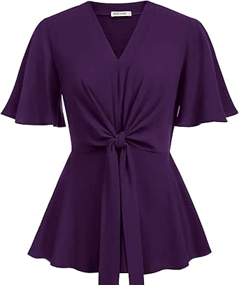 GRACE KARIN 2024 Women's Elegant V Neck Peplum Tops Tie Front Short Bell Sleeve Shirts Tops Blouse