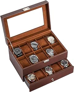 ProCase Watch Box for Men, 20 Slot Watch Display Case Mens Watch Box Organizer, Watch Cases for Men Watch Storage, Father's Day Gift Watch Holder Organizer with Glass Lid -20 Slot, Brown