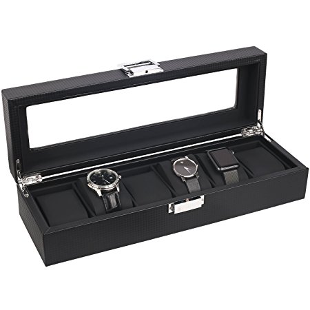 Mantello 6-Watch Display Box Carbon Fiber Design w/ Glass Top