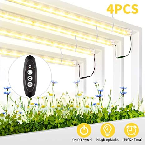 Roleadro Grow Light for Indoor Plants, 3500K Full Spectrum Grow Lamp with Timer/Extension Cables Plant Lights Bar 4 Dimmable Levels for Indoor Plants Tent Seedling Hydroponics - 4Pack
