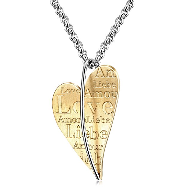 Ciunofor Heart Love Necklace Leaf Shaped Statement Necklace Engraved 4 Languages of Love
