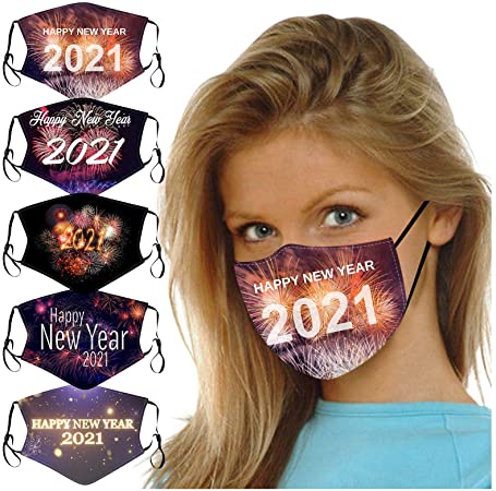 【Shipping from US!!!】 5PCS Adult 2021 Happy New Years Washable Face_Mask,Windproof Reusable Protective Face Covering Dustproof Adjustable Mouth_Mask for Outdoor