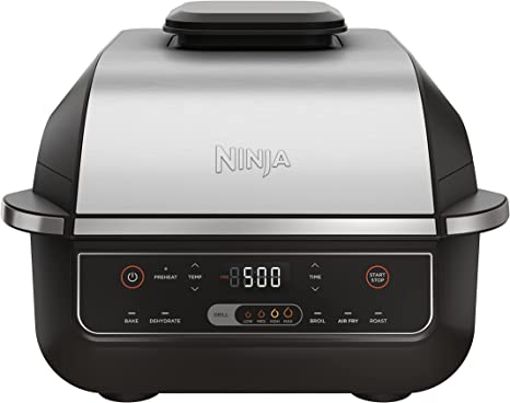 Ninja EG201 Foodi 6-in-1 Indoor Grill with Air Fry, Roast, Bake, Broil, & Dehydrate, 2nd Generation, Black/Silver